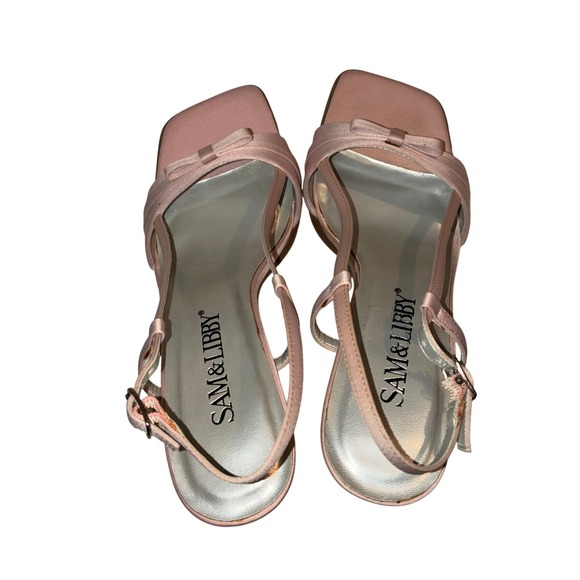 Sam‎ & Libby Womens 6M Marine Pink Satin Square Toe Bow Slingback Heels Retro - Picture 8 of 9